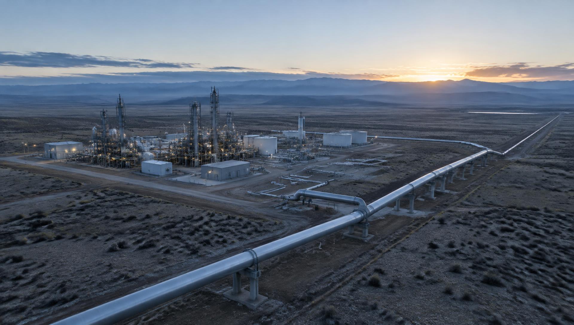 Gas processing facility and pipeline crossing open land at dawn